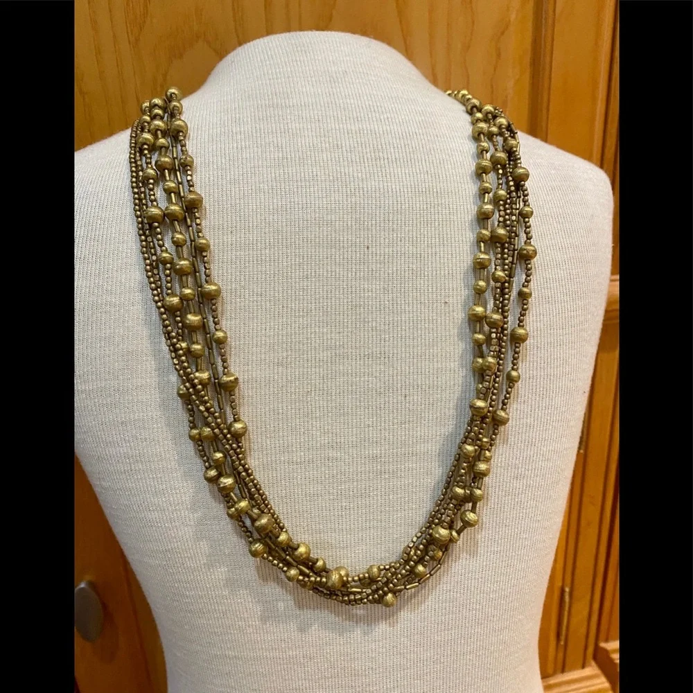 Multi 6 Strand Gold Beaded Statement 36” Necklace